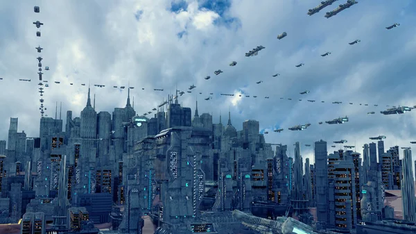 3D görüntüleme. Gelecekçi şehir ve uzay gemileri