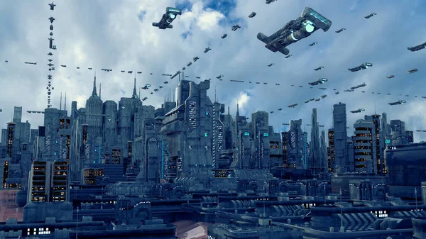 Renderizado Ciudad Futurista Naves Espaciales — Foto de Stock