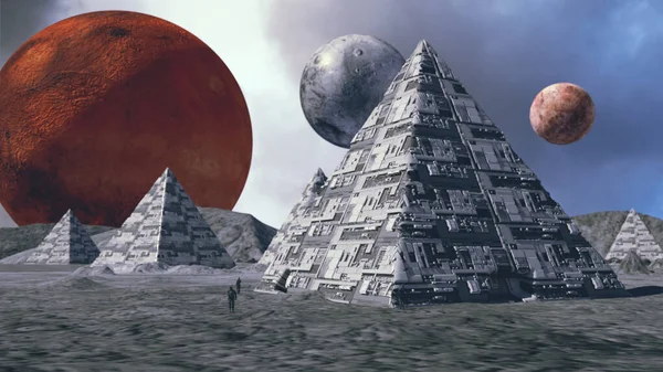 Återgivning Futuristiska Oidentifierade Flygande Föremål Och Pyramid — Stockfoto
