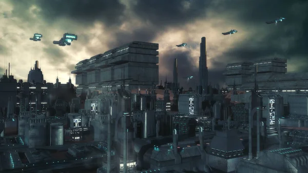 3D görüntüleme. Gelecekçi şehir ve uzay gemileri