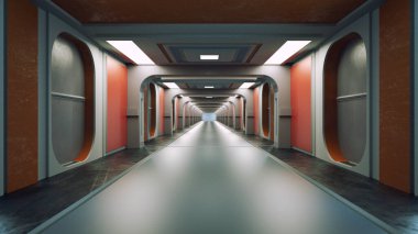 3 boyutlu görüntüleme. Gelecekçi koridor iç tasarımı