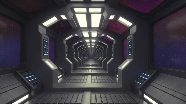 3d render. Futuristic corridor interior design