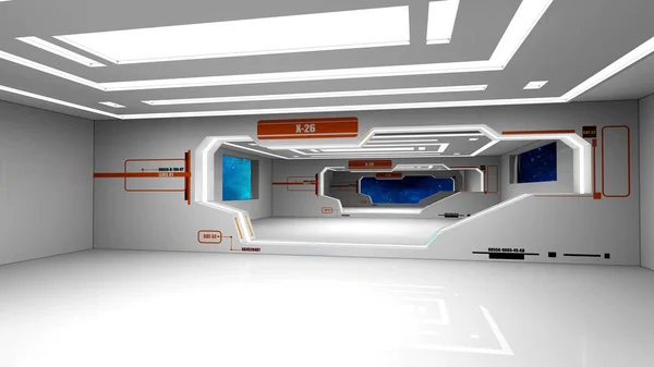 3d render. Futuristic spaceship corridor interior