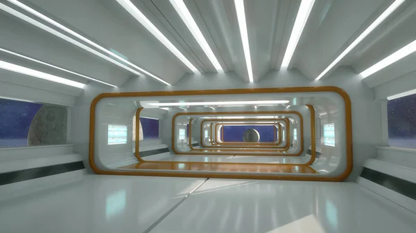 3d render. Futuristic spaceship corridor interior