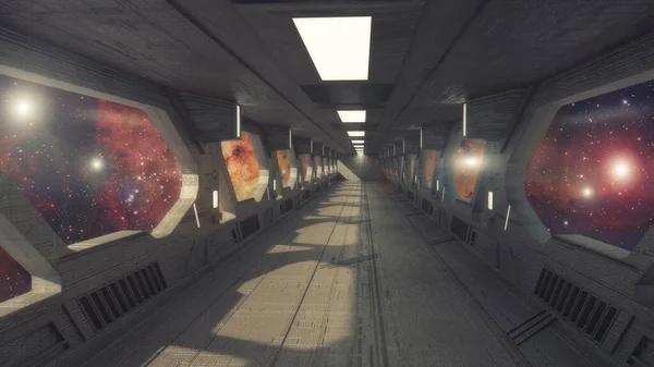 3D渲染 未来派宇宙飞船走廊内部 — 图库照片