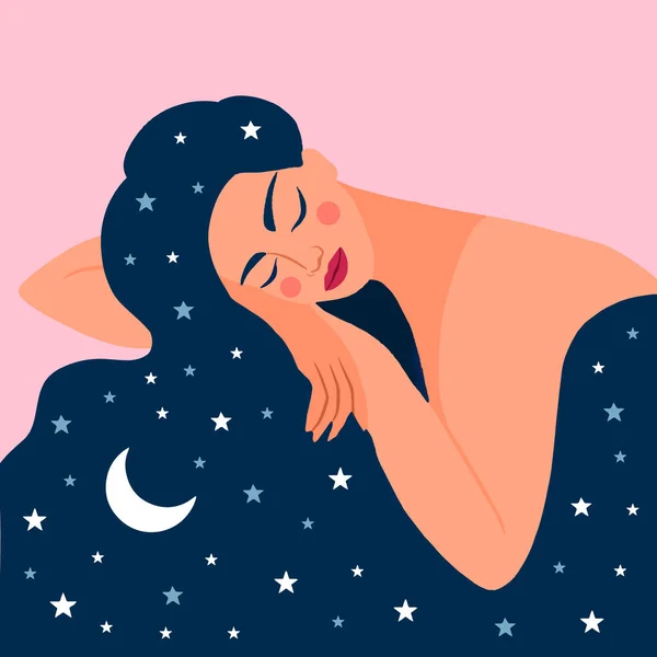 Спящая Женщина Длинными Волосами Девушка Мечтает Ночном Небе Звездах Векторная — стоковый вектор
