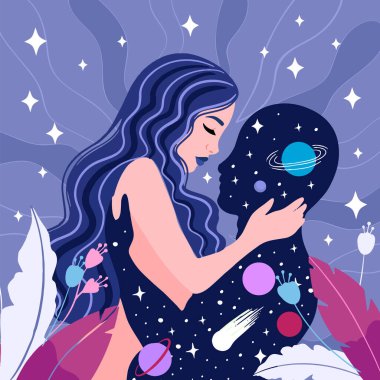 Ruhani kız, evrenle birleşiyor, uzay aşkı. düş, düşünce ve meditasyon konsepti.