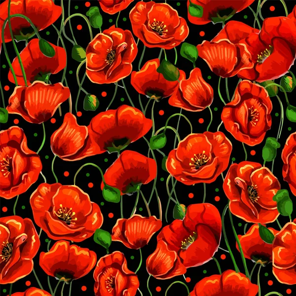 Rode Papaver Bloemen Mooi Helder Naadloos Patroon Vectorherhalende Textuur — Stockvector