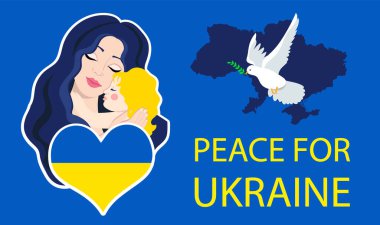 Ukrayna bayrağına destek. Savaş konsepti yok. Anne ve çocuk.