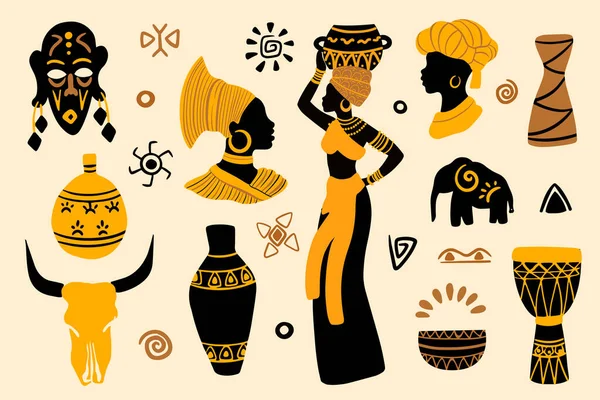 African Woman Traditional Ethnic Elements Collection — Stock Vector