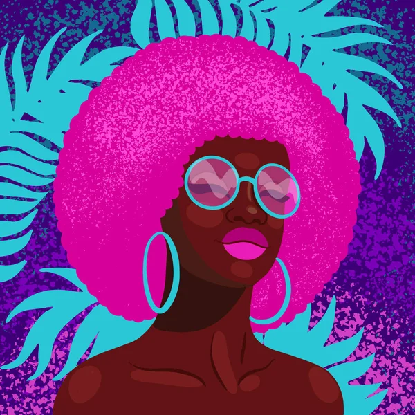 Обложку Музыкального Альбома Retro Wave Искушает Африканская Девушка Солнцезащитных Очках — стоковый вектор