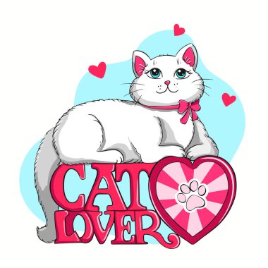 Şirin beyaz ve tüylü kedili kedi sever sloganı. Vektör karikatürü