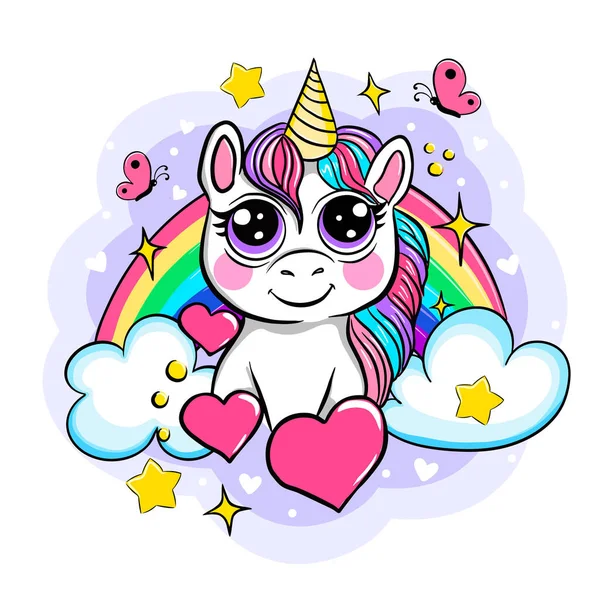 Bellissimo Unicorno Sfondo Arcobaleno Illustrazione Del Cartone Animato Vettoriale — Vettoriale Stock