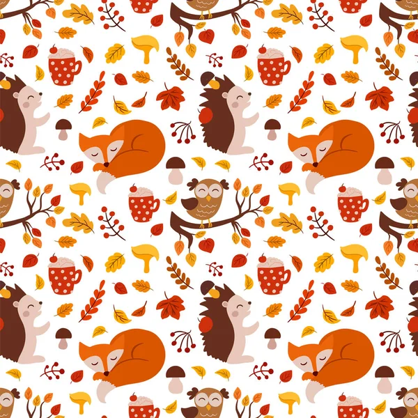 Autumn Vector Seamless Pattern Cute Forest Animals Mushrooms — Vector de stock