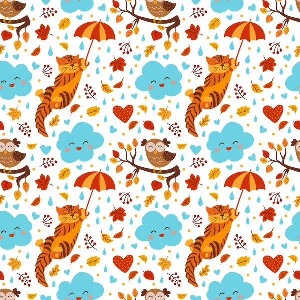 Autumn Vector Seamless Pattern Cutecat Owl Mushrooms — Vector de stock