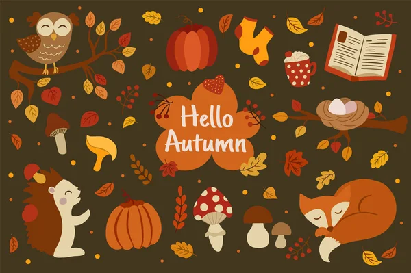 Cartoon Collection Fall Season Vector Elements Hello Autumn Vector Set — 스톡 벡터