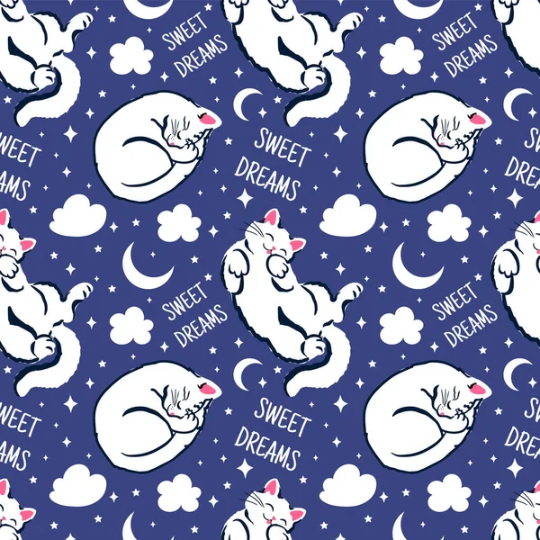 Sweet Dreams Seamless Pattern Cute Sleeping Cats Good Night Vector — Vector de stock