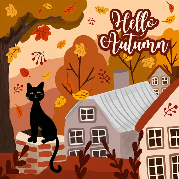 Hello Autumn Vector Card Cute Cat Falling Leaves Cozy Postcard — Image vectorielle