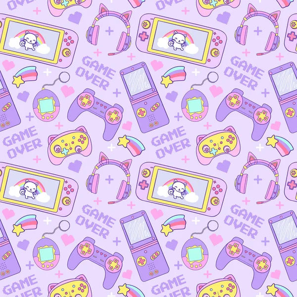 Kawaii seamless pattern Gamer Girl. 90s Game vector illustration