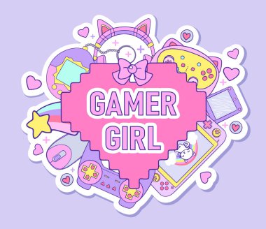 Kawaii sticker for Gamer Girl. 90s Game cute elements set vector illustration