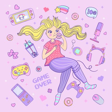 Kawaii elements set with Gamer Girl. 90s Game cute vector illustration