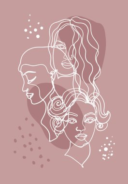 Women faces in one line style vector illustration. Template for postcards, clothes print