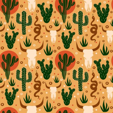 Wild West seamless pattern. Cacti, skull in the desert. Vector