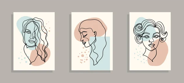 Women Faces Set One Line Style Vector Illustration Wall Art — Image vectorielle