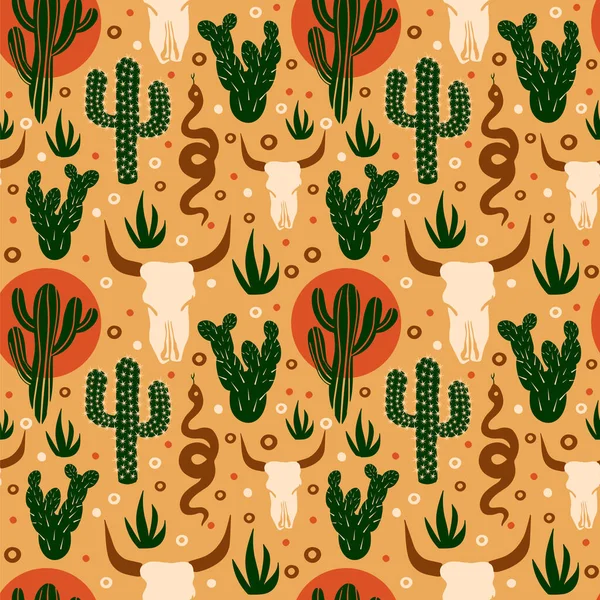 Wild West Seamless Pattern Cacti Skull Desert Vector — Stock Vector