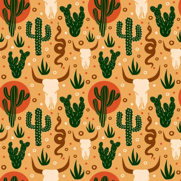 Wild West seamless pattern. Cacti, skull in the desert. Vector