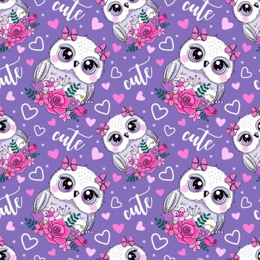 little cute owl and flowers. baby cartoon vector seamless pattern