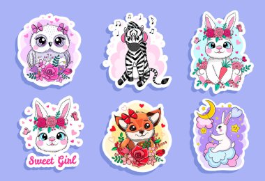 Cute funny animals sticker set. Cartoon characters: owl, zebra, bunny and fox with floral elements