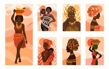 Beautiful ethnic African women flat style portraits collection. Vector illustrations