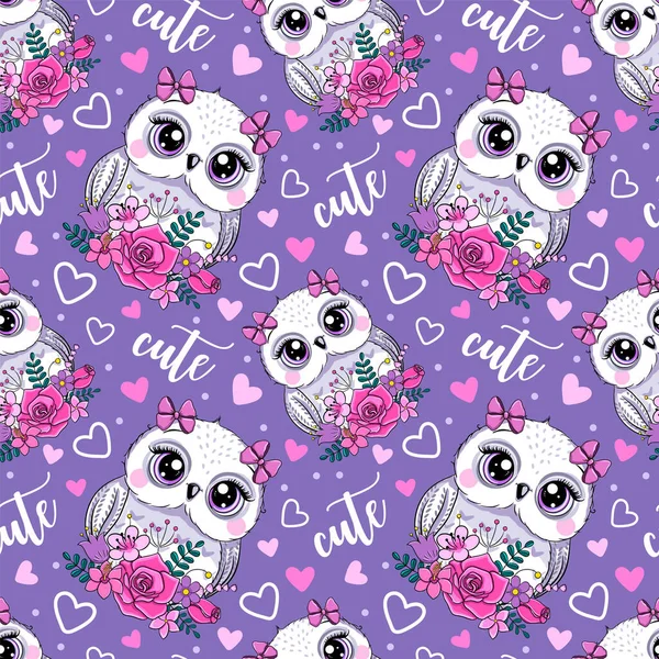 Little Cute Owl Flowers Baby Cartoon Vector Seamless Pattern — Vector de stock