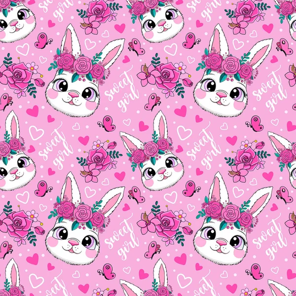 Pink Cute Seamless Pattern Kawaii Bunny Flowers Vector Illustration — 图库矢量图片