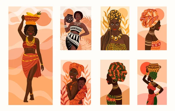 Beautiful Ethnic African Women Flat Style Portraits Collection Vector Illustrations —  Vetores de Stock