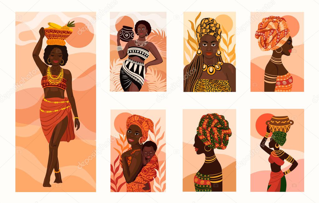 Beautiful ethnic African women flat style portraits collection. Vector illustrations