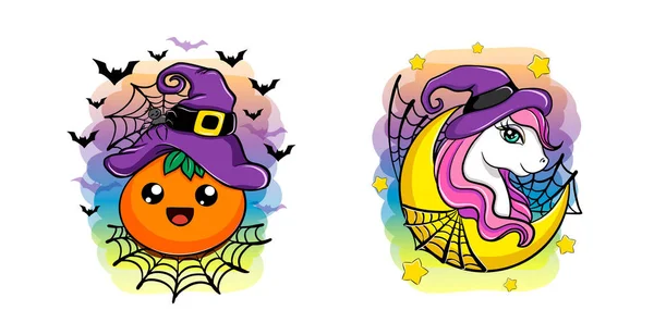 Cute Vector Cartoon Unicorn Witch Funny Pumpkin Halloween Characters — Stock Vector