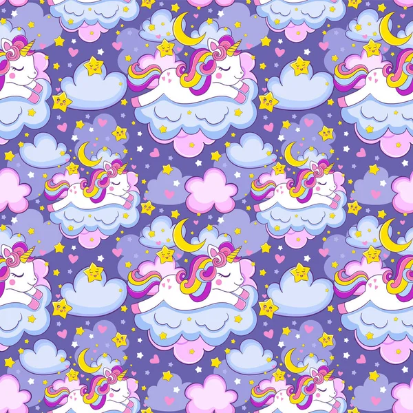 cute unicorn sleeps on the clouds print and seamless pattern for children's clothing