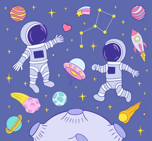 Astronauti Vesmírné Kreslené Vektorové Ilustraci Cestování Vesmírem Průzkum — Stockový vektor