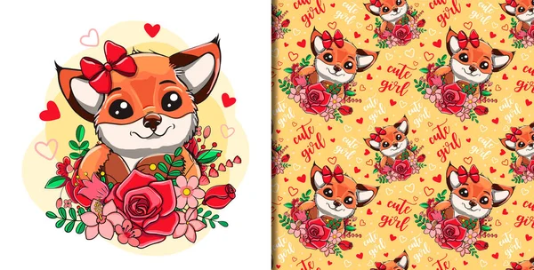 Niedliche Cartoon Fox Print Mit Blumen Eamless Vektormuster — Stockvektor