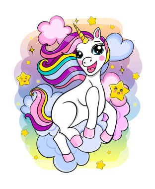 Bulutlu ve yıldızlı güzel gökkuşağı tek boynuzlu atı, tatlı rüyalar konsepti, vektör