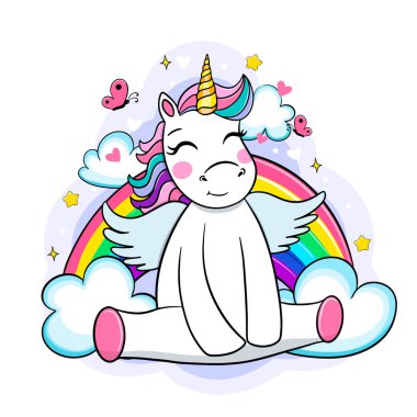 Bulutlu ve yıldızlı şirin gökkuşağı tek boynuzlu atı, tatlı rüyalar konsepti, vektör.