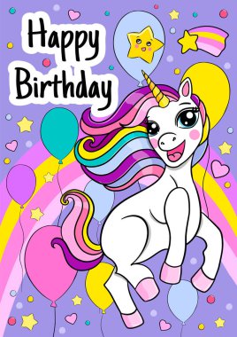 Mutlu yıllar sana gökkuşağı ve şirin tek boynuzlu at. Vektör bayramı