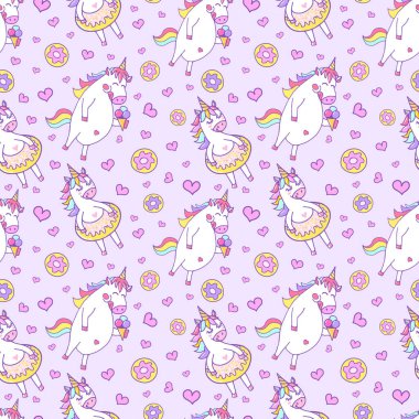 Komik tek boynuzlu atlar ve çöreklerle mükemmel bir desen. sonsuz arkaplan, vektör illüstrasyonu