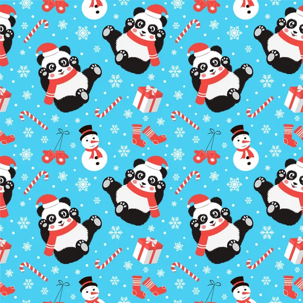Mignon Motif Sans Couture Noël Avec Panda Bonbons Flocons Neige — Image vectorielle