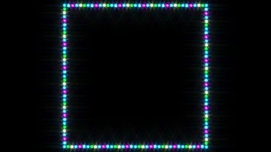 A simple looped slow colour changing twinkling square frame border of Christmas or Stage festival lights against a black background.