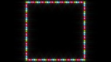 A simple looped fast colour changing square frame border of Christmas or Stage festival lights against a black background.