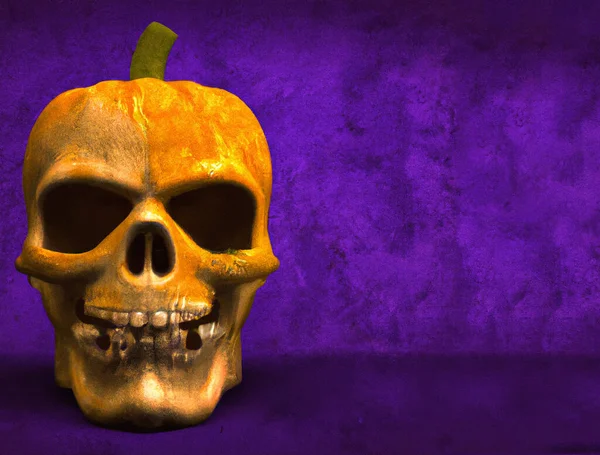 An orange Halloween pumpkin in the form of a human skull sitting on a purple grunge style abstract background. A.I. generated art.