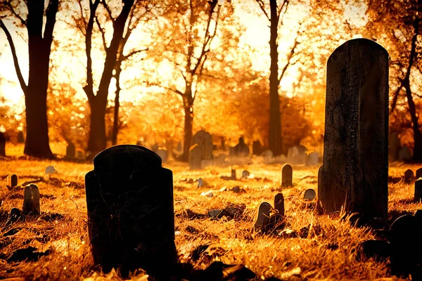 Old graveyard crooked headstones in autumn sunlight halloween style computer illustrated background. A.I. generated art.